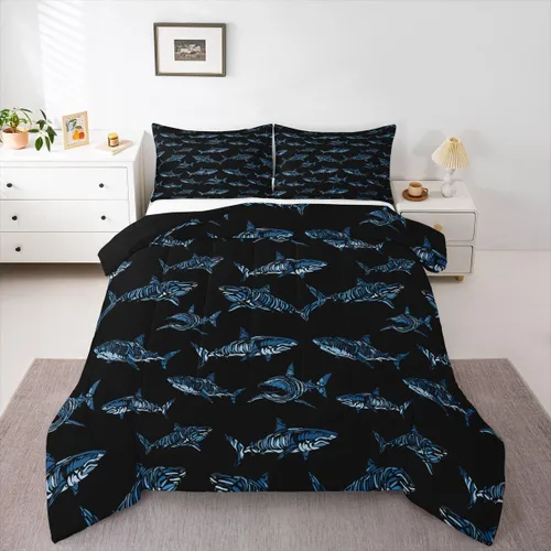 Miniatura 48 de Erosebridal Juego de edredón de tiburón, tamaño individual, juego de ropa de cama de vida oceánica para niños y niñas, color verde azulado