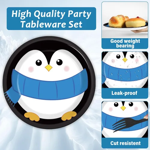 Miniatura 3 de 96 piezas de suministros para fiesta de cumpleaños de pingüino, platos de papel, servilletas, temática de invierno de pingüino, fiesta de Navidad