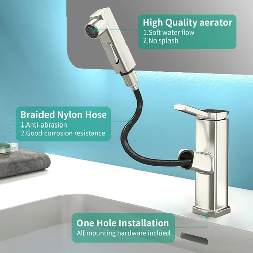 Miniatura 6 de Grifo de baño de un solo agujero, grifo de lavabo de baño moderno extraíble con 3 modos de flujo de agua, grifos de baño con rociador