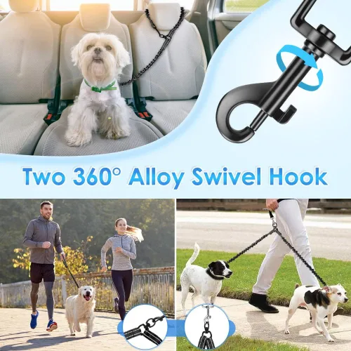 Miniatura 4 de AUTOWT Correa doble para perros, sin enredos, rotación giratoria de 360°, reflectante, con extensión de bungee, divisor para dos perros, cómoda