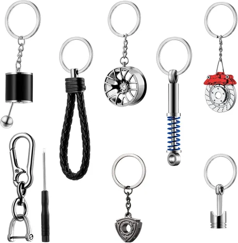 Frienda Juego de 8 llaveros de mini herramientas para amantes de los automóviles, almohadilla de freno, rueda de coche, llavero turbo para hombres,