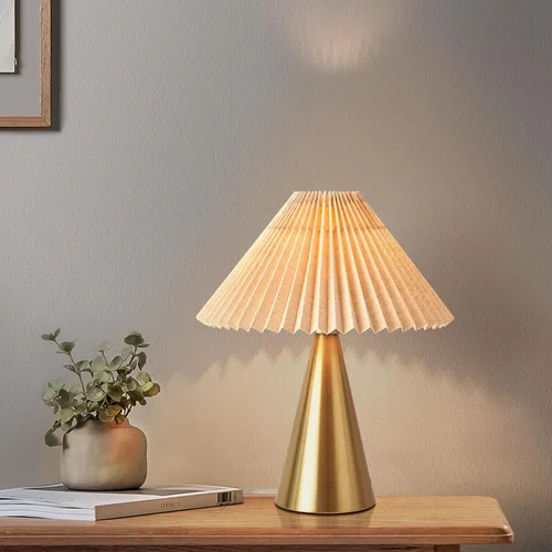 Miniatura 4 de Ziqqeelam Lámpara de Mesa Pequeña Dorada, Lámpara de Mesa Linda, Lámpara de Mesa Plisada, Lámparas de Dormitorio de Latón Dorado para Mesita