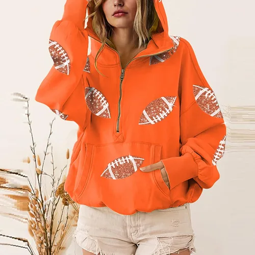 Miniatura 13 de SeekMe Sudaderas con capucha de lentejuelas para mujer, para el día del partido, suéteres de manga larga con cremallera y bolsillo