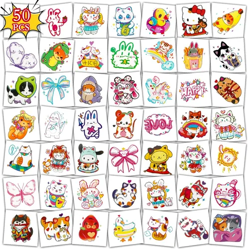 Miniatura 2 de Konsait 50 hojas de tatuajes de anime, tatuajes de gato de estilo mixto de dibujos animados, envueltos individualmente, tatuajes temporales de gato