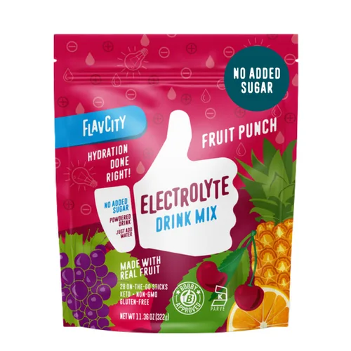 FlavCity Fruit Punch - Paquetes de polvo de electrolitos, 28 paquetes de hidratación, sin azúcar añadida, polvo de hidratación con fruta real y sal