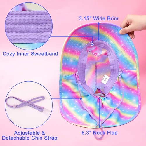 Miniatura 88 de Sombrero de sol para niños, protección UV, unicornio, verano, playa, jugar con ala ancha, solapa para el cuello para niñas y niños
