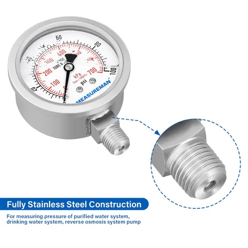 Miniatura 5 de MEASUREMAN Manómetro de presión 1/4 NPT, 0-100psi/kPa Totalmente de acero inoxidable Manómetro de presión hidráulico relleno de glicerina