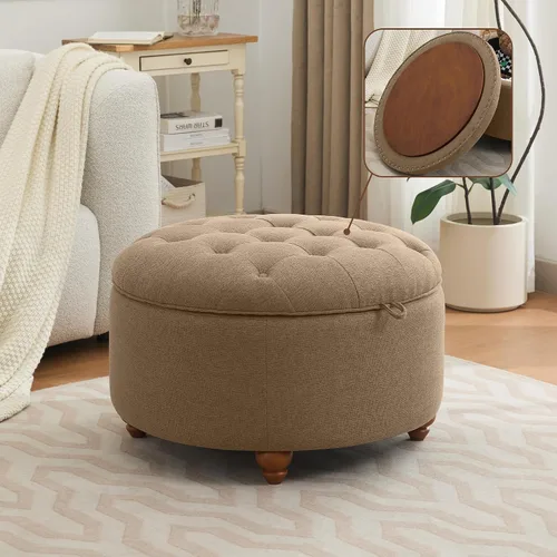 Miniatura 14 de WUTUTUEE Otomana redonda de almacenamiento de 24 pulgadas con bandeja, mesa de café circular tapizada moderna con almacenamiento, otomana tapizada