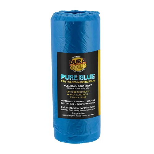 Dura-Gold Película de enmascaramiento preplegada azul puro de 95 x 44 pies, rollo de plástico para pintores (0.4 mil), lámina de plástico plegada