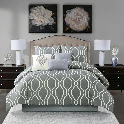 Grand Avenue Juego de edredón geométrico de 7 piezas, tamaño King, ropa de cama con estampado de microfibra, juego de ropa de cama para todas las