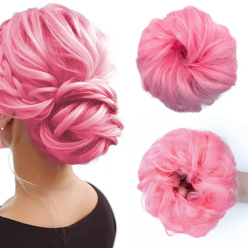 Miniatura 10 de Pieza de cabello de moño desordenado, piezas de cabello azul para mujeres y niñas, extensiones de cabello sintético ondulado y rizado, coletero