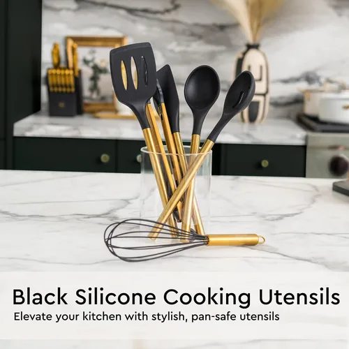 Miniatura 4 de Juego de utensilios de cocina negros y dorados, juego de 19 piezas, incluye utensilios de cocina de acero inoxidable y silicona, tazas medidoras