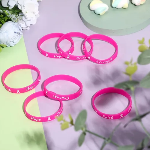 Miniatura 5 de Sratte 60 pulseras de cinta rosa para concientización sobre el cáncer de mama, pulseras de goma para mujeres, fiestas, eventos públicos