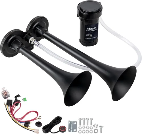 FARBIN - Bocina de tren fuerte para coche de 12 V, bocina de aire de 150 dB súper fuerte, bocina de doble trompeta para camión con compresor y botón