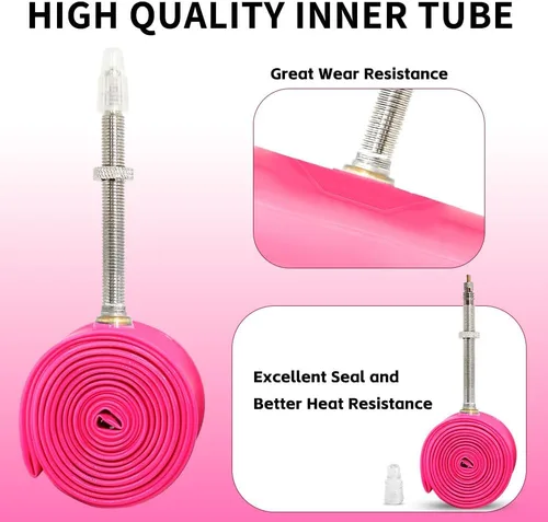 Miniatura 7 de Paquete de 4 tubos interiores ultraligeros de TPU para bicicleta, 700X18C/23C/25C/28C/30C/32C, válvula Presta de 45/65/3.346 in, color rosa