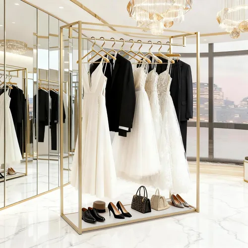 Miniatura 14 de Estante de ropa de 71 pulgadas con estantes, estante para vestidos de boda, estante de exhibición de ropa al por menor, resistente comercial