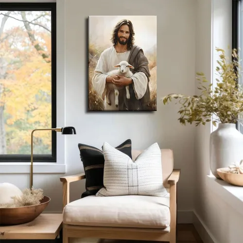 Miniatura 3 de Arte de pared en lienzo de Jesús y Cordero Jesús salva al cordero perdido Decoración de pared Imágenes Pintura de Cordero de Dios Pósters