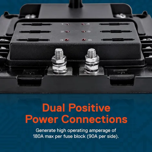 Miniatura 5 de True Mods Caja de fusibles de 6 vías con bus negativo de tierra para automoción [entradas positivas duales] [12V - 32V CC] [180 amperios]