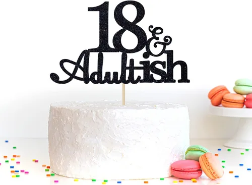 Miniatura 5 de Decoración para pastel de 18 años con purpurina negra y Adultish para fiesta de cumpleaños de dieciocho años, decoraciones de pastel de tiempo