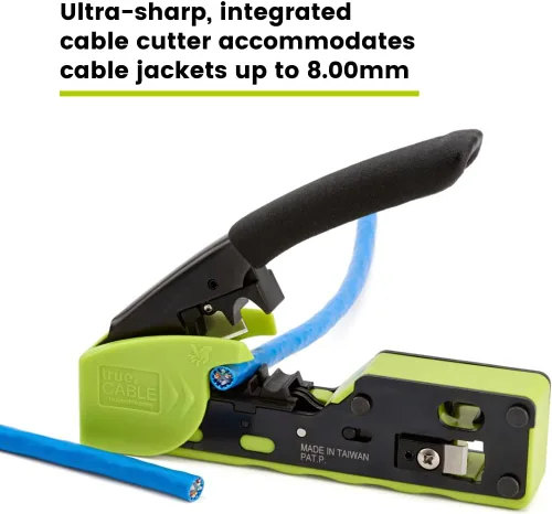 Miniatura 6 de trueCABLE - Herramienta de crimpado para paso a través de RJ45, crimpadora Ethernet todo en uno, cortador, pelacarga, funciona con conectores