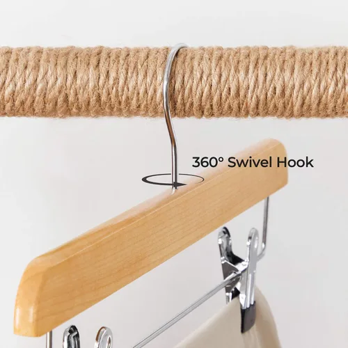 Miniatura 5 de SONGMICS Perchas de Madera para Pantalones, Paquete de 8 Perchas para Pantalones con Clips de Metal Ajustables Antioxidantes, Gancho Giratorio