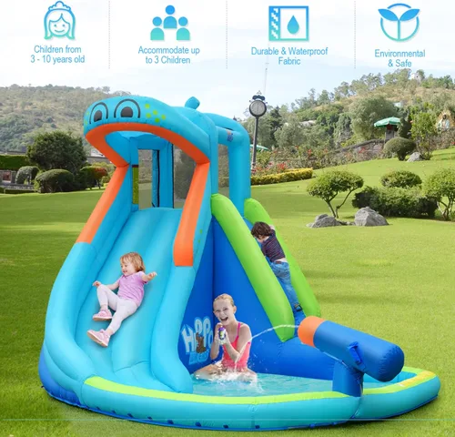Miniatura 7 de BOUNTECH - Tobogán acuático inflable, parque de toboganes acuáticos con temática de hipopótamo para niños y adultos, diversión al aire libre