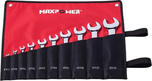 Miniatura 2 de MAXPOWER Juego de llaves dobles de extremo abierto, 10 unidades, llaves de grado industrial, acero Cr-V, bolsa de almacenamiento enrollable