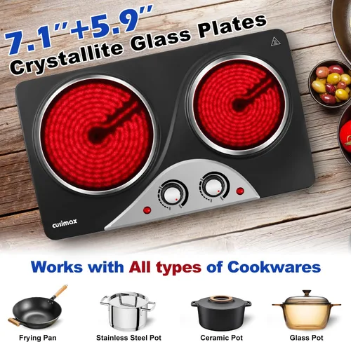 Miniatura 4 de Placa caliente, estufa eléctrica CUSIMAX de 1800 W, doble quemador, placa de cocina infrarroja de cerámica portátil, quemadores de control dual