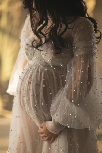 Miniatura 5 de yinyyinhs Vestido de maternidad de tul perla para sesión de fotos, manga larga hinchada y hombros descubiertos, vestido de maternidad para baby
