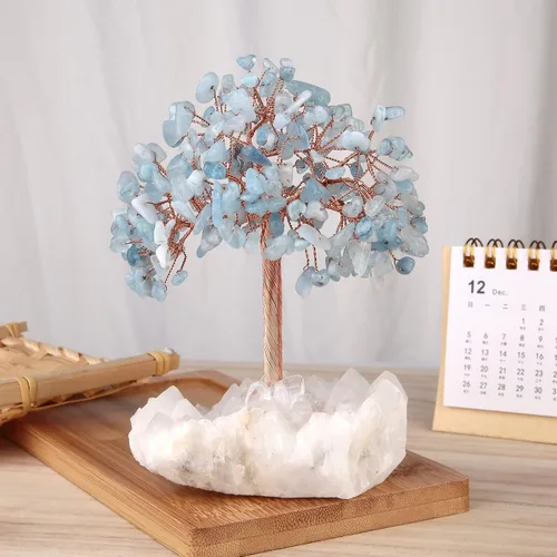 Miniatura 5 de mookaitedecor Árbol de dinero de cristal aguamarina natural con base de racimo de cuarzo de roca, árbol de Feng Shui de cristal curativo