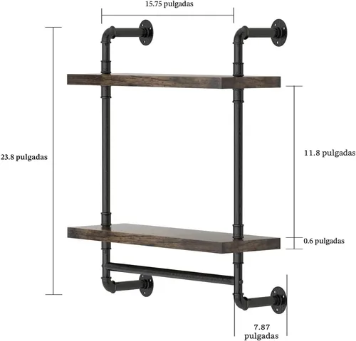 Miniatura 3 de Helsin Estantes de Baño Flotantes de Tubería Industrial Montados en la Pared con Barra de Toallas, Estante de Pared de Madera Rústica de 2 Niveles
