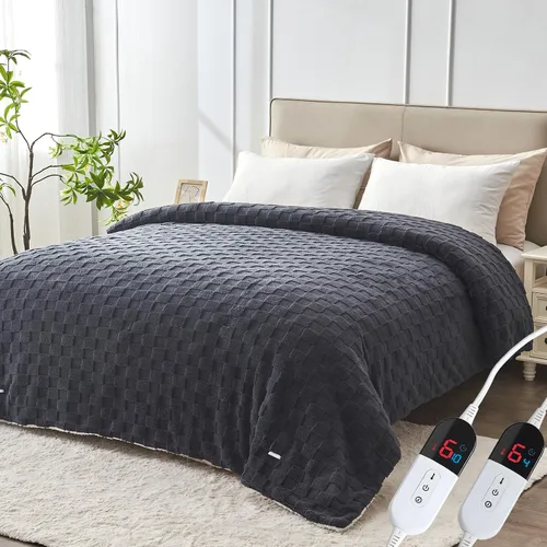 Miniatura 8 de Manta térmica eléctrica tamaño matrimonial – Manta jacquard a cuadros Sherpa de 72 x 84 pulgadas, manta de cama de calentamiento rápido con 6