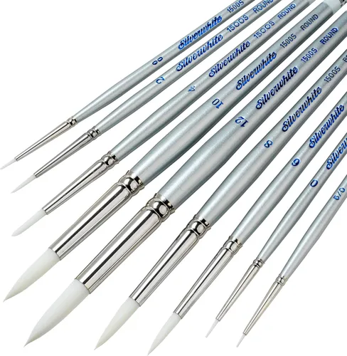 Silver Brush Limited SW-1584S Pinceles de mango corto redondos Silverwhite con cerdas sintéticas suaves Taklon, paquete de 9 pinceles de artista