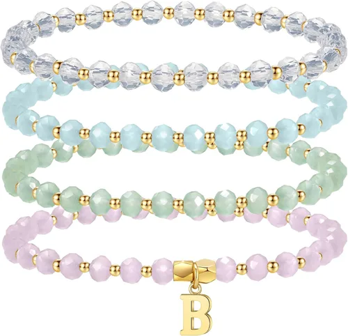 Miniatura 16 de IEFWELL Pulseras con iniciales para niñas y niños – Juego de 4 pulseras de cristal rosa/azul/blanco/verde, pulsera elástica para niños, joyería