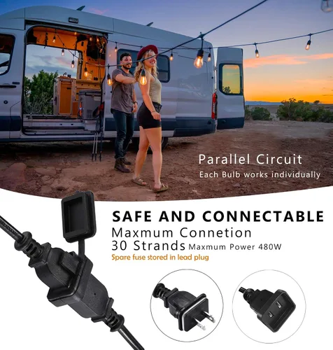 Miniatura 3 de Tira de luces para exteriores, luz de patio de 100 pies con 32 bombillas Edison regulables S14 inastillables, iluminación exterior resistente al