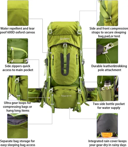 Miniatura 5 de Ubon Mochila de senderismo con marco interno de 50/60 L, mochila de camping para hombres y mujeres con cubierta de lluvia