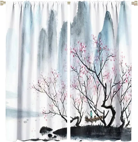 Miniatura 27 de Cortina japonesa con diseño de cerezo en flor, montañas, río, nubes, pinos, paisaje, naturaleza, asiático, anime, oscurecimiento de habitación