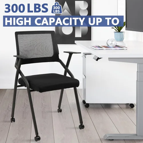 Miniatura 4 de CLATINA Sillas plegables apilables para sala de conferencias con ruedas, silla de escritorio de oficina acolchada portátil con soporte lumbar