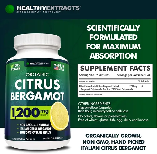 Miniatura 6 de Suplemento de bergamota cítrica – Extracto 150:1, 1200 mg por porción, 70% polifenoles, de origen italiano, 60 unidades, suministro de 1 mes
