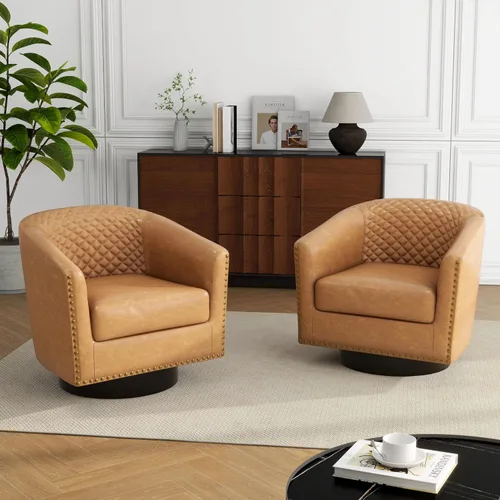 Miniatura 35 de Silla Barrel de Acento, Silla de Club Tapizada de Piel Sintética con Ribete de Clavos, Cómodo Sillón de Lectura para Sala de Estar Dormitorio Sala