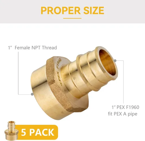 Miniatura 2 de Paquete de 5 accesorios PEX-A, adaptador NPT hembra de expansión de latón de 1 x 1 pulgada, adaptador roscado hembra PEX ASTM F1960 para tubos Pex