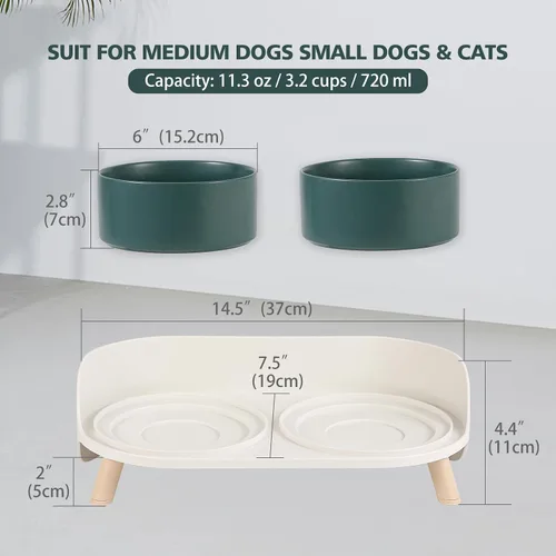 Miniatura 2 de Juego de cuencos elevados de cerámica para perros - Cuencos dobles para alimentación con soporte a prueba de salpicaduras - Platos elevados
