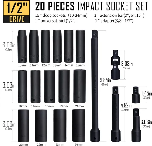 Miniatura 3 de BOEN Juego de 32 piezas SAE y métricas de impacto profundo de 1/2 pulgada, revestimiento de fosfato negro, diseño de 6 puntos, cumple con las normas