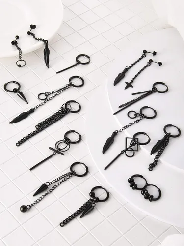 Miniatura 2 de Hicarer 20 aretes colgantes de acero inoxidable para hombre, aretes de aro con bisagras Kpop