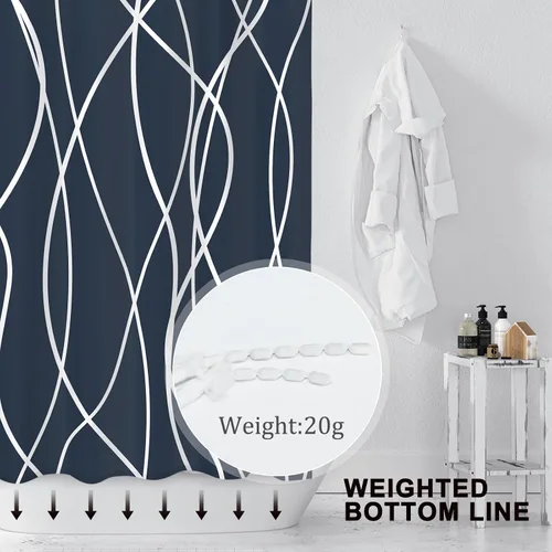 Miniatura 3 de Juego de cortinas de ducha azul egeo para baño con ganchos, cortinas de baño decorativas repelentes al agua y lavables con rayas blancas, 72 x 72