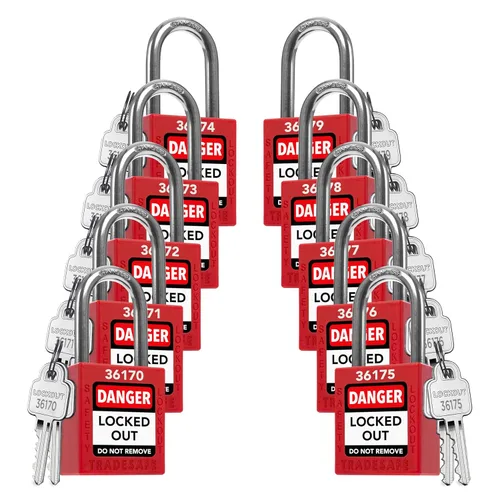 Miniatura 16 de TRADESAFE Juego de cerraduras de bloqueo - 7 cerraduras de loto rojas, cerraduras de bloqueo con llave diferente, 1 llave por cerradura, candados