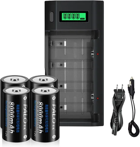 Baterías recargables D con cargador, cargador de batería universal para pilas AA AAA 9V D C con 4 baterías NiMH D tamaño