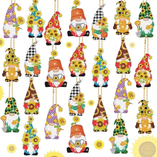 Outus Kit de 24 llaveros de dibujo de gnomos de diamante de doble cara 5D para diamantes de granja para manualidades, llavero artístico para