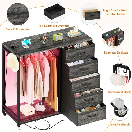 Miniatura 4 de Cyclysio Cómoda con estante para colgar, 5 cajones de tela con perchero, cómoda de almacenamiento superior de madera con estación de carga y luces