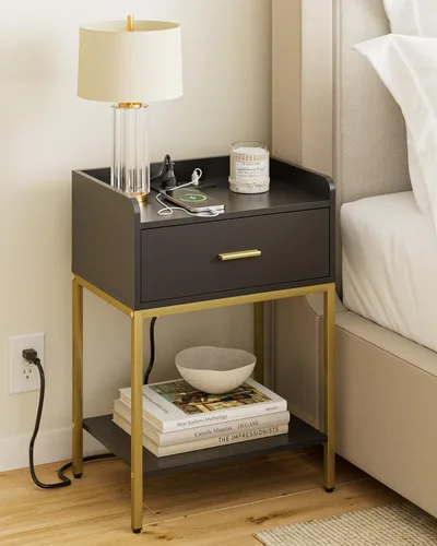 Miniatura 14 de Mesita de noche, mesita de noche moderna de 3 niveles, mesita de noche con cajón de almacenamiento y estante, mesa auxiliar pequeña para dormitorio